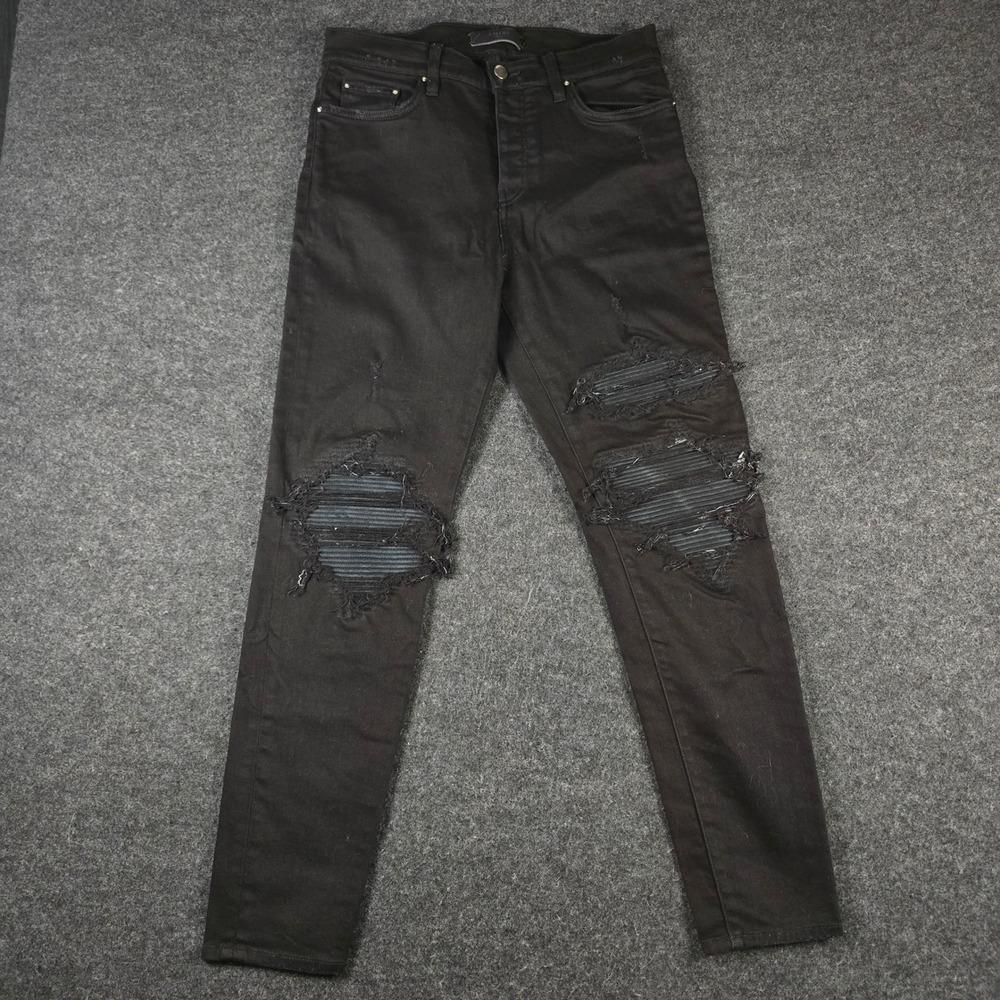 Amiri MX1 Moto Jeans Black Distressed Leather Inlay Slim Fit Size 30